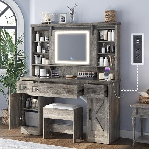 AMERLIFE 47.2" Farmhouse Vanity Desk with Mirror and Lights, Rustic Makeup Vanity Table with Charging Station, Vanity Set with Stool & Storage, LED Sliding Mirror & Glass Top, Dark Oak Finish - Image 1