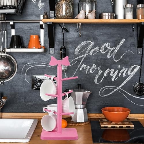 DoubleFill Pink Coffee Cup Holder Bow Mug Tree Pink Kitchen Coffee Bar Accessories Decorative Wooden Cup Holder with 6 Hooks Coquette Mug Rack Stand Cute Decor for Wedding Home Countertop Organizer thumbnail 5
