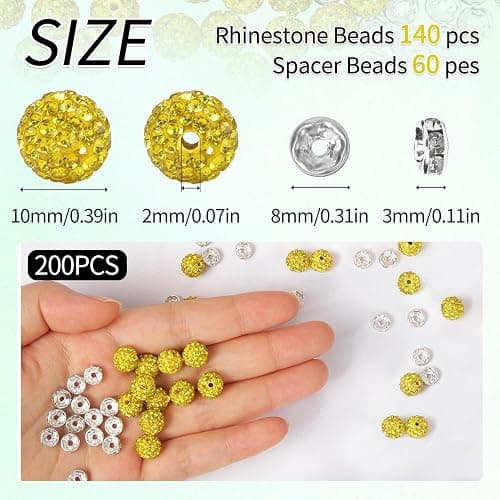 Fishdown 200pcs 10mm Rhinestone Beads for Crafts and Spacer Beads Bulk for DIY Crafting,Sparkly Disco Ball Clay Bead Diamond Crystal Spacer Bead for Necklace Bracelet Earring Jewelry Making-Yellow thumbnail 3