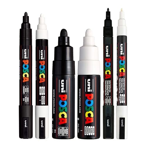 posca Black & White Bullet Tip - Set of 6 Pens (PC-5M, PC-7M, PC-3M) - Image 1