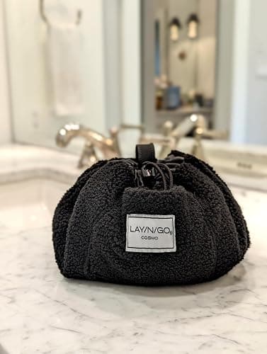 Lay-n-Go Cosmo Drawstring Cosmetic & Makeup Bag Organizer - Portable Drawstring Makeup Bag w/Zipper Pocket, Makeup Loops & More - Durable, Machine Washable Toiletry Bag (20", Comfort/Black Sherpa) thumbnail 7