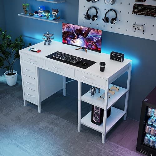 Sweetcrispy 47" Computer Desk with 6 Fabric Drawers & Storage Shelves | Reversible Gaming Desk, Office Desk, Computer Workstation, Corner Desk with Storag, Home Office, Living Room, White thumbnail 4