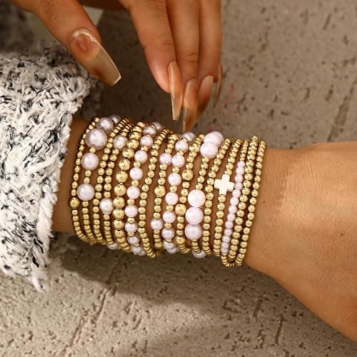 Pls Back 16 PCS Gold Bead Pearl Bracelet for Women, Gold Plated Beaded Strand Bead Ball Bracelets stack Adjustable Jewelry Set for Gifts thumbnail 2