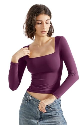 SUUKSESS Women Square Neck Long Sleeve Tops Double Lined Going Out T Shirts thumbnail 5