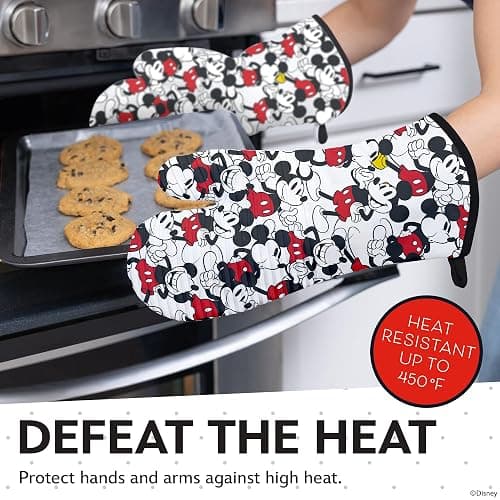 Disney Silicone Oven Mitts Heat Resistant – Set of 2 Long Cuff Cotton Kitchen Mitts with Silicone Grip Stripes, Cute Oven Mitts & Pot Holders for Cooking, Baking & Kitchen Essentials- Mickey thumbnail 2
