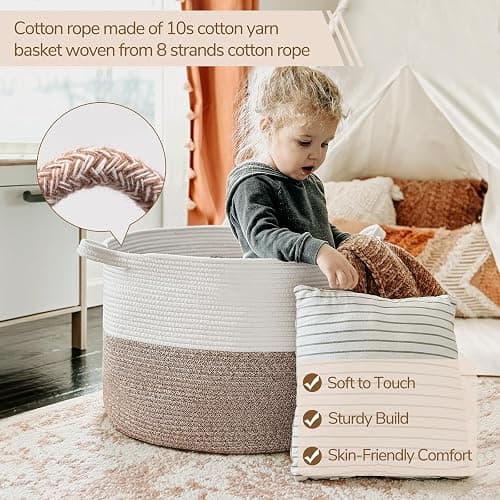 INDRESSME XXXLarge Cotton Rope Basket 21.7" x 21.7" x 13.8" Woven Baby Laundry Blanket Baskets Toy Burr Basket with Handle Storage Comforter Cushions for Christmas Thread Laundry Hamper thumbnail 8