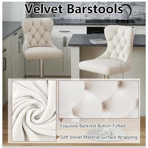 Swivel Bar Stools Set of 4, Velvet Height Adjustable Counter Chairs,Beige | Upholstered Modern Barstools with Button Tufted Back & Silver Footrest, For Dining Room Kitchen Island thumbnail 4