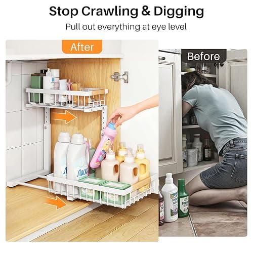 PXRACK Under Sink Organizer, Adjustable Height, 2 Tier Pull Out Under Cabinet Organizer, Slide Out Thickened Metal Under Sink Storage for Kitchen Bathroom Laundry Pantry Cabinet, White, Large-2-Pack thumbnail 4