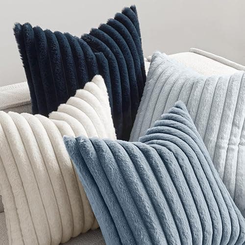 MIULEE Faux Fur Plush Decorative Throw Pillow Covers 18x18 Set of 4, Summer Modern Soft Fuzzy Coastal Striped Cushion Covers for Sofa Couch Bed Living Room Cozy Home Decor,Navy Blue thumbnail 5