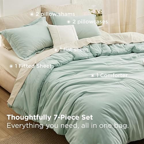 Bedsure Full Size Comforter Set - 7 Pieces Sage Green Full Bedding Set for All Seasons, Boho Contrasting Design Bed in a Bag with Comforter, Sheets, Pillowcases & Shams thumbnail 7