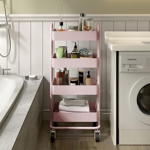 4-Tier Pink Rolling Cart,Metal Utility Rolling Cart with Handle,Multifunction Rolling Carts with Wheels,Kitchen Storage Carts Suitable for Office,Home,Kitchen,Garden（13.4"x18.1"x40"） Pink thumbnail 7