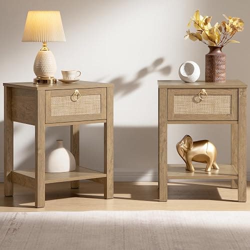 SICOTAS Rattan Nightstand Set of 2, Rattan Decor Drawer with Brass Knobs Night Stand Bedside Table Boho End Tables Side Tables with Storage Shelf for Bedroom,Small Space - Image 1