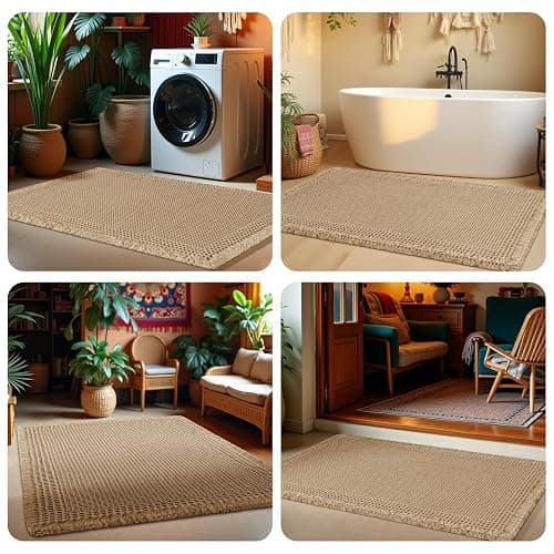 Extra Large Waffle Bath Mat, Boho Woven Modern Bath Rug Absorbent Non Slip, Soft Bathroom Mats, Machine Washable Knit Bath Rugs with Tassels for Bathroom, Bedroom, Kitchen, Shower, Tub, Beige, 5'x2' thumbnail 8