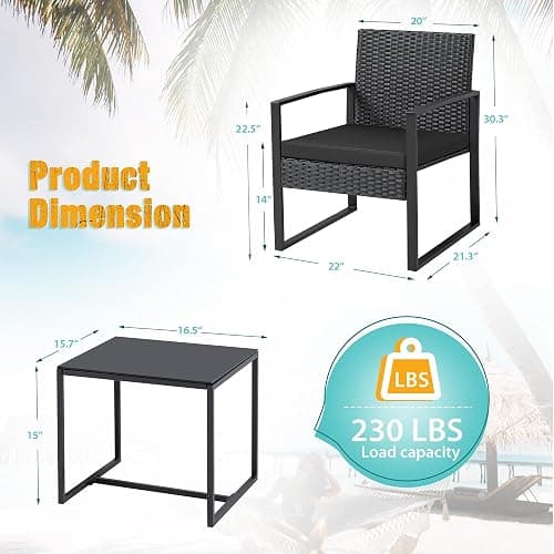 Flamaker 3 Pieces Outdoor Patio Wicker Furniture Set, Modern Rattan Chair Conversation Sets with Coffee Table for Yard and Bistro (Black) thumbnail 3