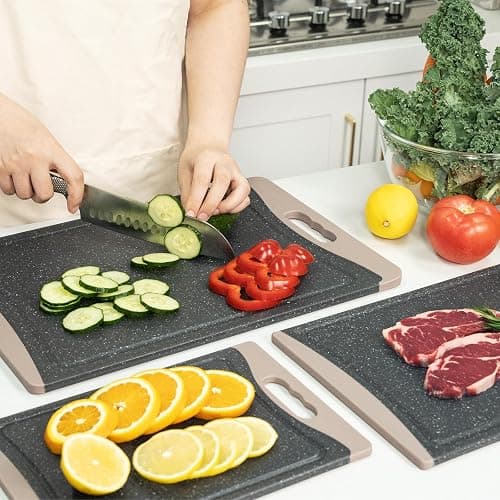 Extra Large Cutting Boards, Plastic Cutting Boards for Kitchen (Set of 3) Cutting Board Set Dishwasher Chopping Board with Juice Grooves Easy-Grip Handles, Almond Gray, Empune thumbnail 2