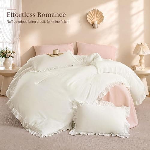 JANZAA Cream White Comforter Set Full, Ruffle Soft Bedding | microfiber bed set with 2 pillow sham ruffle design lightweight warmth breathable bedding machine washable thumbnail 4