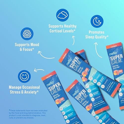 Nello Supercalm Drink Mix - Ashwagandha KSM 66, Magnesium Glycinate & L-Theanine Supplement - Ashwagandha Root Extract - Focus and Relaxation Support (20 Travel Packets) - Peach Berry thumbnail 3