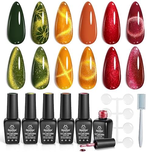 Beetles Fall Gel Nail Polish Set, 6 Colors Red Burgundy Cat Eye Gel | Olive Green and Pearl Nail Polish, Magnet Soak Off LED Nail Art Kit DIY Salon at Home Gifts for Women - Image 1