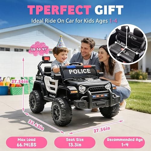AMZJOY 12V Kids Ride On Police Car for Kids 1-4 Electric Vehicles W/Parents Control Toddler Ride On Jeep Toys with Bluetooth, Music, USB, Four-Wheels Suspension (Police Car) thumbnail 2