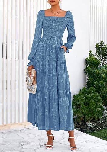 PRETTYGARDEN Fall Wedding Guest Dresses for Women 2025 Floral Long Sleeve Smocked Tiered Elegant Long Flowy Boho Dress thumbnail 2