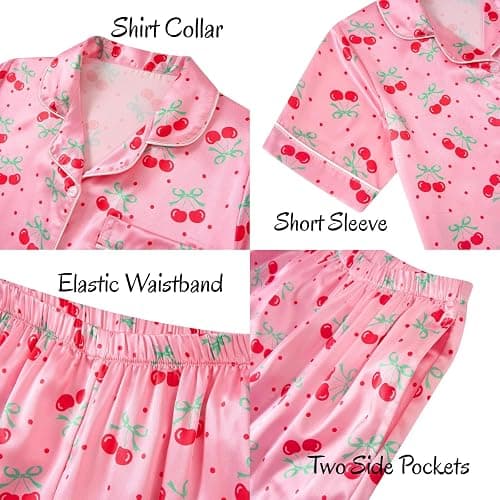 Fanient Girls Silk Pyjamas Set Colorful Printed Sleepwear Button-Down Pjs Short Sleeve Satin Nightwear for Girl 7-14 Years thumbnail 6