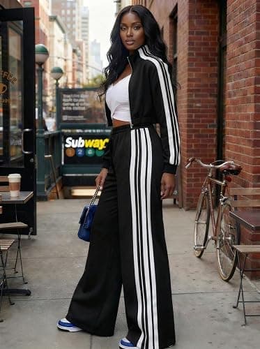 Akmipoem Sweatsuits Women Two Piece Outfit Tracksuit Set Striped Zipper Cropped Jacket Wide Leg Pants Streetwear thumbnail 3
