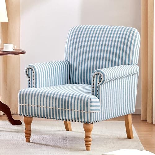 HUIMO Linen Fabric Accent Chair, Mid-Century Modern Armchair with Solid Wood Legs, Single Sofa Chair,Upholstered Reading Club Chair (1, Blue and White Stripe) thumbnail 7