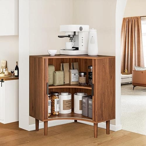 Fluted Corner Cabinet, Small Corner Floor Cabinet with Sliding Doors and Adjustable Shelves, Modern Wooden Freestanding Narrow Storage Organizer for Small Space,Living Room, Dining Room, Bathroom thumbnail 6