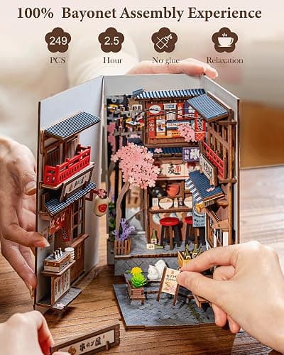 Rolife DIY Book Nook Kits for Adults, Miniature Dollhouse Booknook Kit, 3D Wooden Puzzle Creative Decorative Bookends Bookshelf Diorama Insert Crafts Hobbies Gifts (Sakura Wine Alley) thumbnail 6