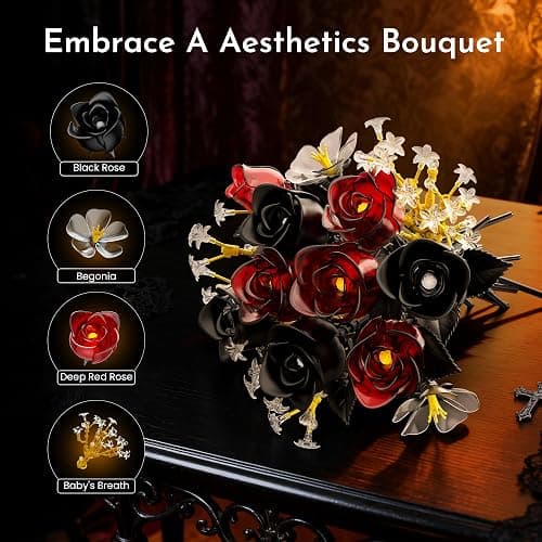 SOOLIO Rose Flower Bouquet Building Set for Adults, Valentines Creative Gift for Women Teen Girlfriend Anniversary, Artificial Floral Botanicals Collection Gothic Decor for Home or Office (414 PCS) thumbnail 6