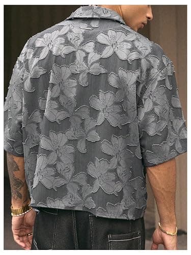 BEAUDRM Men's Floral Button Down Crop Shirt Half Sleeve Collared Cropped Top Streetwear 70s Hippie Shirts thumbnail 2