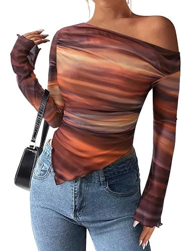 PRETTYGARDEN Womens Fall Trendy Off Shoulder Y2k Tops 2026 Tie Dye Mesh Long Sleeve Shirts Asymmetrical Ruched Floral Blouse - Image 1