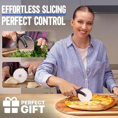 KitchenStar Pizza Cutter Wheel - 304 Stainless Steel Slicer Knife with Super Sharp Blade, Anti-Wobble Axle Mechanism, Ergonomic Non-Slip Handle & Protective Cover, Dishwasher Safe thumbnail 2
