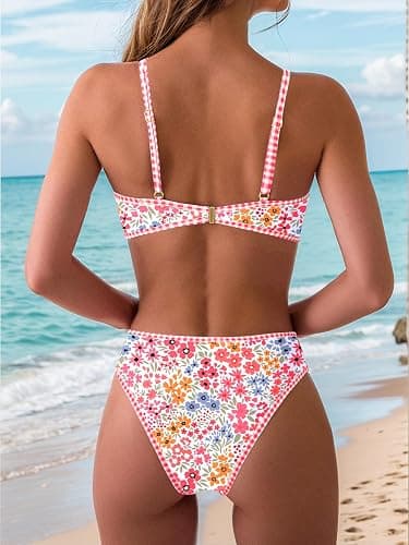 Tainehs Women's Two Piece Bikini Sets O Ring Front Top Ditsy Floral Triangle Swimsuits Cheeky Bathing Suit thumbnail 3