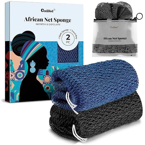 CORATED African Net Sponge Authentic, Shower Loofah Exfoliating Bath Sponge, Body Scrubber for Women and Men Daily Use Body Care, Travel Portable Bath Accessories for Bathroom (Blue & Black) - Image 1