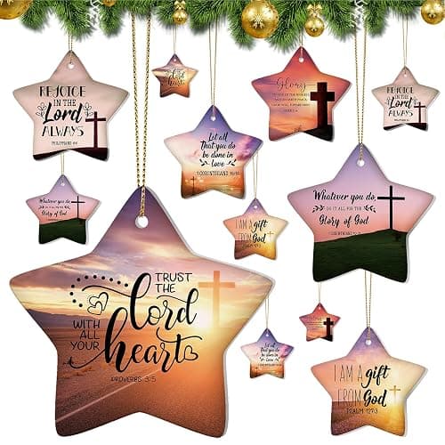 Syhood 24 Pcs Christian Christmas Ornament 12 Styles Bible Verse Christmas Ceramic Ornament Religious Ornaments Star Shaped Hanging Ornaments for Xmas Tree Church Member Gift - Image 1