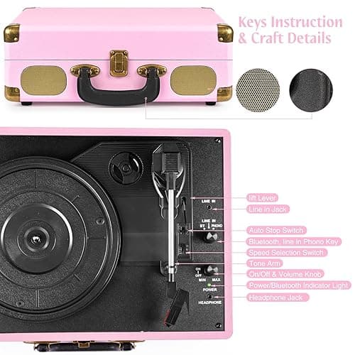 Vinyl Record Player 3-Speed Bluetooth Suitcase Portable Belt-Driven Record Player with Built-in Speakers RCA Line Out AUX in Headphone Jack Vintage Turntable Pink thumbnail 5