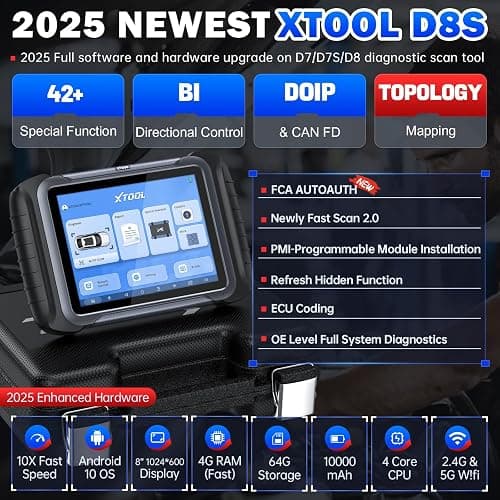 XTOOL D8S Bidirectional Scan Tool 2025 Upgraded Ver. of D8 Scanner, OBD2 Scanner Diagnostic Tool, Topology Mapping, ECU C0ding, 42+ Resets, FCA, CAN FD&DoIP, All System Scanner for Car, 3-Year Update thumbnail 2