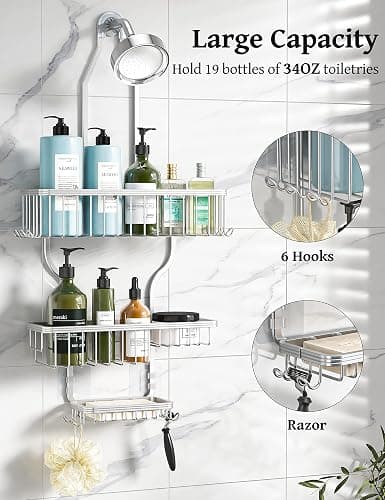YASONIC Shower Caddy Hanging - Never Rust Shower Organizer - Aluminum Over The Shower Head Caddy with 10 Hooks for Razor/Sponge - Shower Rack with Soap Basket - Silver - Silver thumbnail 2