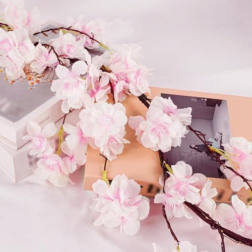 obbsie 6FT Lighted Cherry Blossom Garland with 100 Fairy Lights Timer Battery Operated Artificial Cherry Blossom Flower Vines with Lights for Mantle Home Fireplace Wedding Party Office Decor thumbnail 3