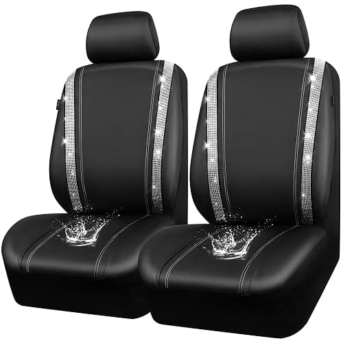 CAR PASS Leather Bling Diamond Car Seat Cover 2 Front Interior Sets, Waterproof Universal Shining Glitter Crystal Sparkle Fit for 95% Automotive Truck SUV Cute Women Girl, Black Silver Rhinestone - Image 1