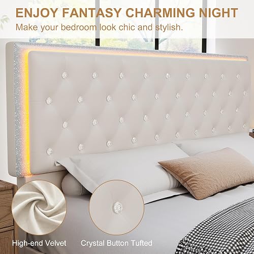 Torana Queen LED Bed Frame with 2 Drawers, Soft Velvet Platform Bed with Diamond Tufted Headboard Footboard and 2 Side Pockets, Mattress Foundation with Wooden Slats Support No Box Spring Needed Cream thumbnail 4