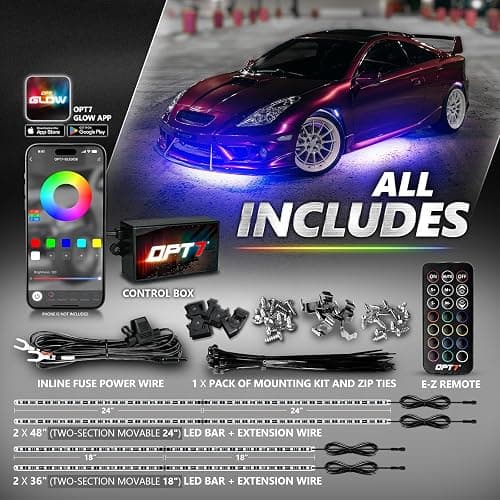 OPT7 Aura Pro Underglow LED Lights Kit for Car with APP & Remote Control, RGB Multicolor Modes, Music Sync, Waterproof Rigid Aluminum Light Bar, Exterior Neon Accent Underbody Lighting Kit thumbnail 8