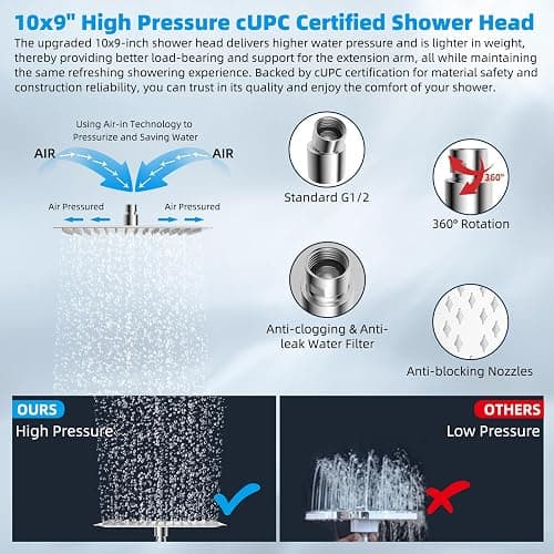 Hibbent All Metal cUPC Certified Rain Shower Head, 10'' High Pressure Rainfall Showerhead with 16" Shower Head Extension Arm, Solid Brass Adjustable Shower Arm Extender, fixed Showerheads, Chrome thumbnail 5