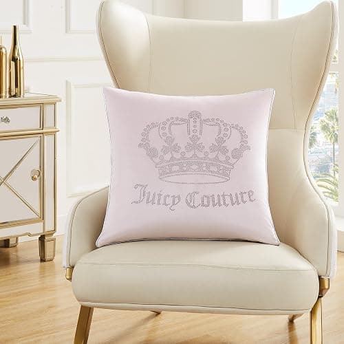 Juicy Couture - Decorative Accent Pillow, Velvet Rhinestone Crown, Premium Reversible Throw Pillow, Living Room and Bedroom Décor, Measures 20" x 20", Pink Blush - Image 1