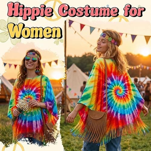 APHBPT 6PCS Hippie Costume for Women - 60s 70s Outfits Tie Dye Poncho with Accessories Set, Hippy Clothes for Halloween thumbnail 3