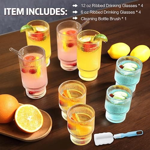 8 Pcs Ribbed Drinking Glass, 4pcs 11 oz & 4 pcs 6oz Vintage Ribbed Glassware with Cleaning Bottle Brushes, Iced Coffee Glasses, Glass Tumbler, Ribbed Highball Glasses for Ideal Gift thumbnail 3