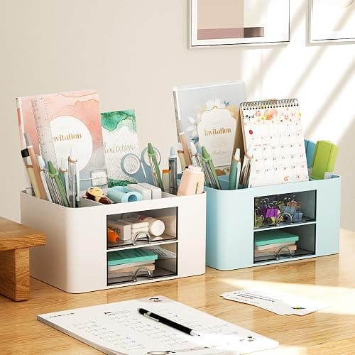 Marbrasse Pen Organizer with 2 Drawer, Multi-Functional Pencil Holder for Desk, Desk Organizers and Accessories with 5 Compartments + Drawer for Office Art Supplies (White) thumbnail 5