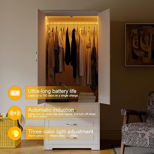 FJTJBSI Armoire Wardrobe Closet with 3 Drawers and LED Light 72" Wooden Bedroom Armoire with 2 Doors and Retro Ceramic Door Handles Modern Wardrobe Cabinet with Removable Hanging Rod White thumbnail 4