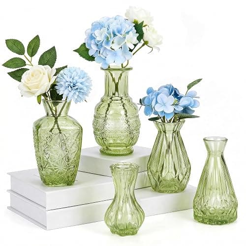Glass Bud Vases in Bulk Set of 5, Green Small Mini Vases for Flowers, Vintage Vase for Centepiece,Wedding, Table Decor, Baby Shower, Christmas, Home and Events - Image 1